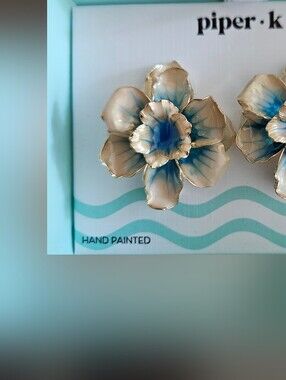 Piper · Kay Hand-Painted Floral Earrings in Blue and Gold